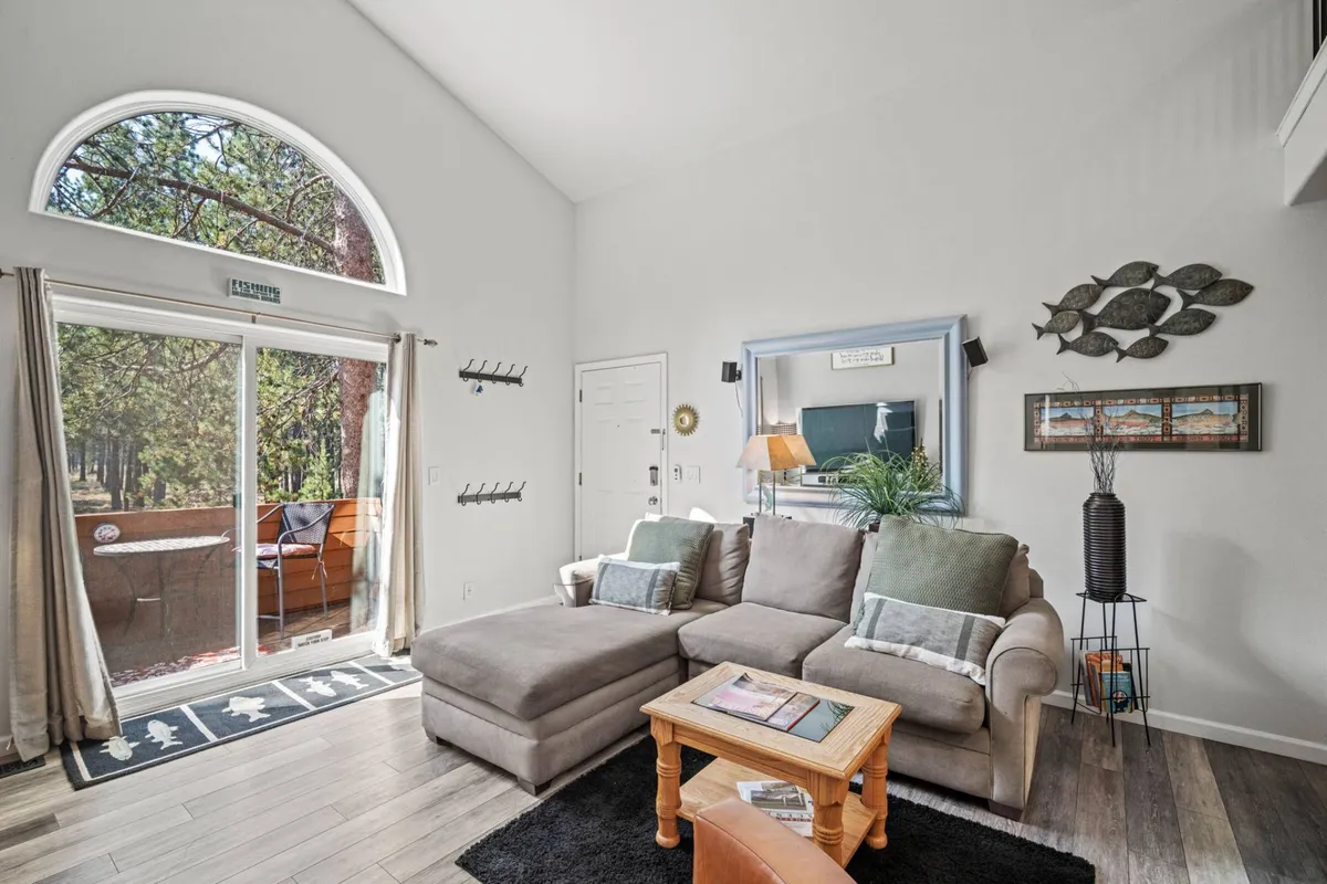 A cozy living area featuring a soft sofa and a coffee table, with natural light pouring through a large window. The view through the window offers a glimpse of treetops, emphasizing the connection to the surrounding natural beauty, and the space feels inviting for morning coffee or evening relaxation.